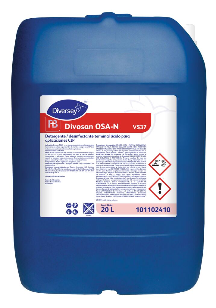 DIVOSAN OSA-N 20L - Detergente desinfectante / desinfectante terminal ácido para aplicaciones CIP libre de fosfatos